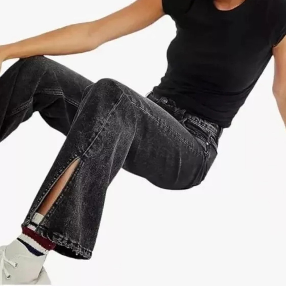 FREE PEOPLE WE THE FREE Slit Front High Rise Straight Leg Black Jean Goth Grunge